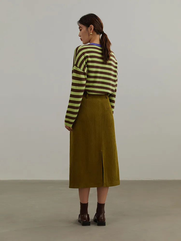 Corduroy Retro High Waist Skirt Women Autumn Winter Back Slit Commuter Casual Solid Color Length-option Female Skirts voguable