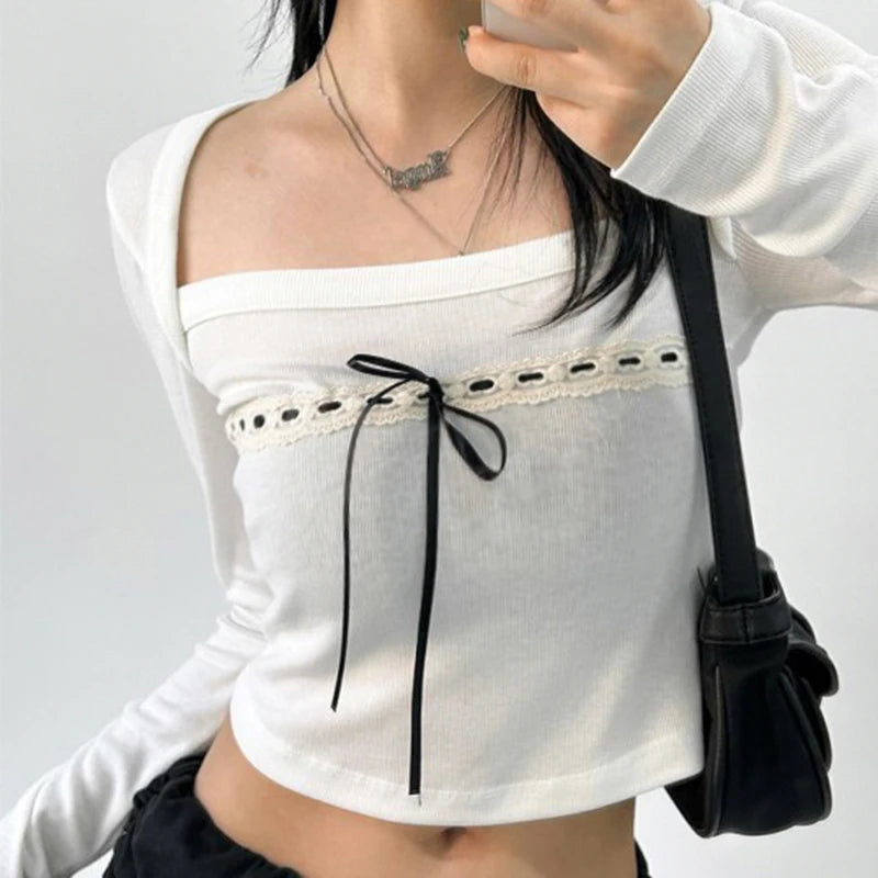 Voguable Cute Casual Ribbons Lace-up Bow Top Coquette Style Square Collar Long Sleeve T-shirts Korean Chic Basics Knitted Tops voguable