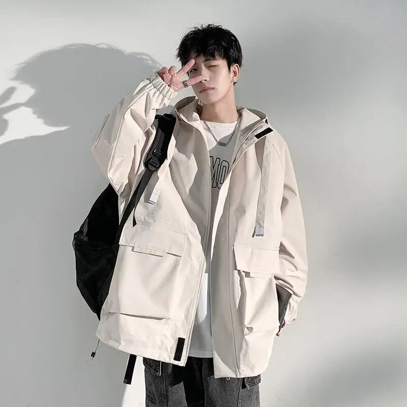 Outdoor jacket Streetwear Coffee Cargo Jacket Men Women Spring Harajuku Coat Korean Fashion Big Pocket Loose Casual 4Colors