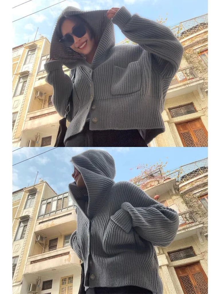Women's Hooded Cardigan Button Up with Pocket Knitted Sweater Hoodie Slouchy Knitwear Fall Winter Casual Chic Outfit voguable