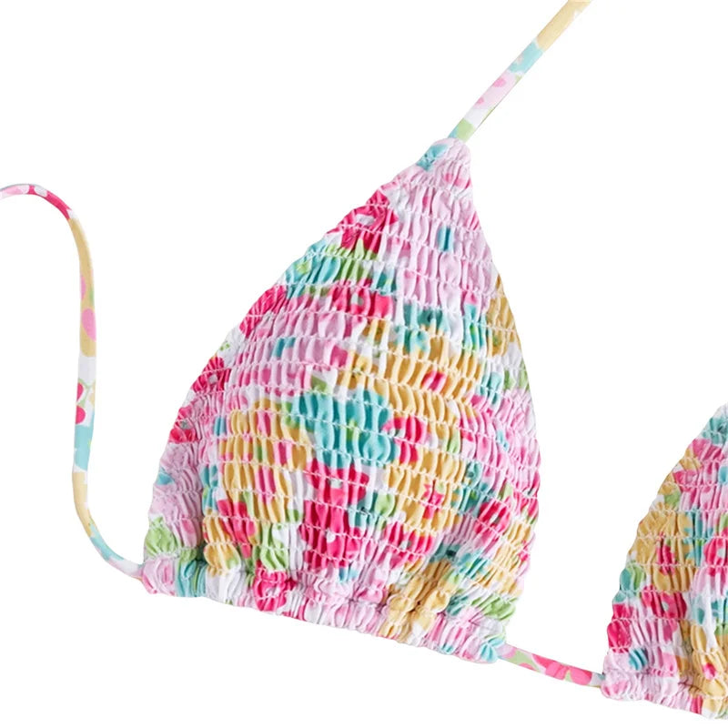 Voguable Women Swimwear 2024 Summer Floral Print Halter Neck Padded Bra and Low Waist Briefs Two Piece Bikini Set Beachwear voguable
