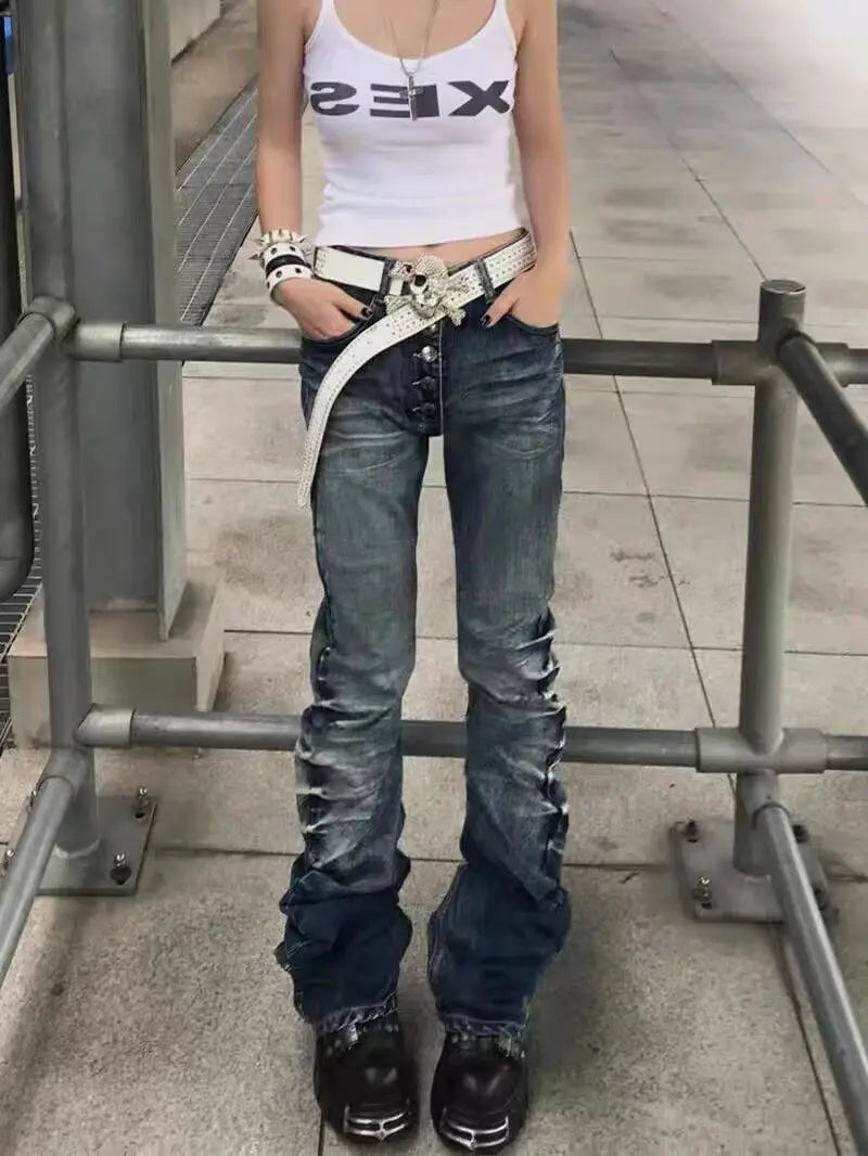 Voguable  American Retro Vintage Denim Pants Mid Rise Multi Button Front Ruched Leg Slim Bootcut Y2K Daily Streetwear Bottoms Streetwear voguable