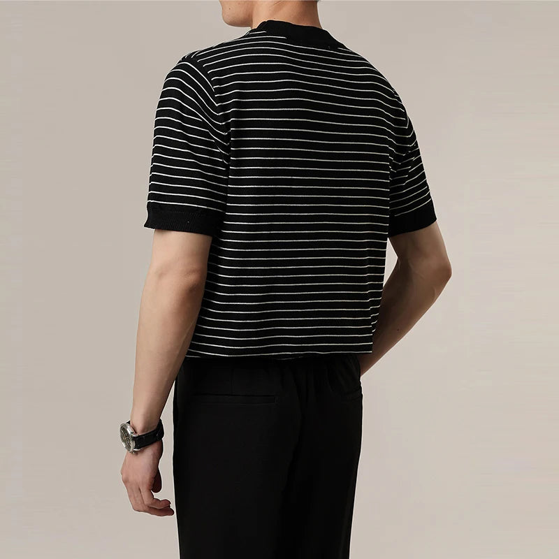 Summer Men's Clothing Luxury Knitted O Collar Striped T Shirt Leisure Korean Popular Short Sleeve Retro Breathable Knitwear voguable