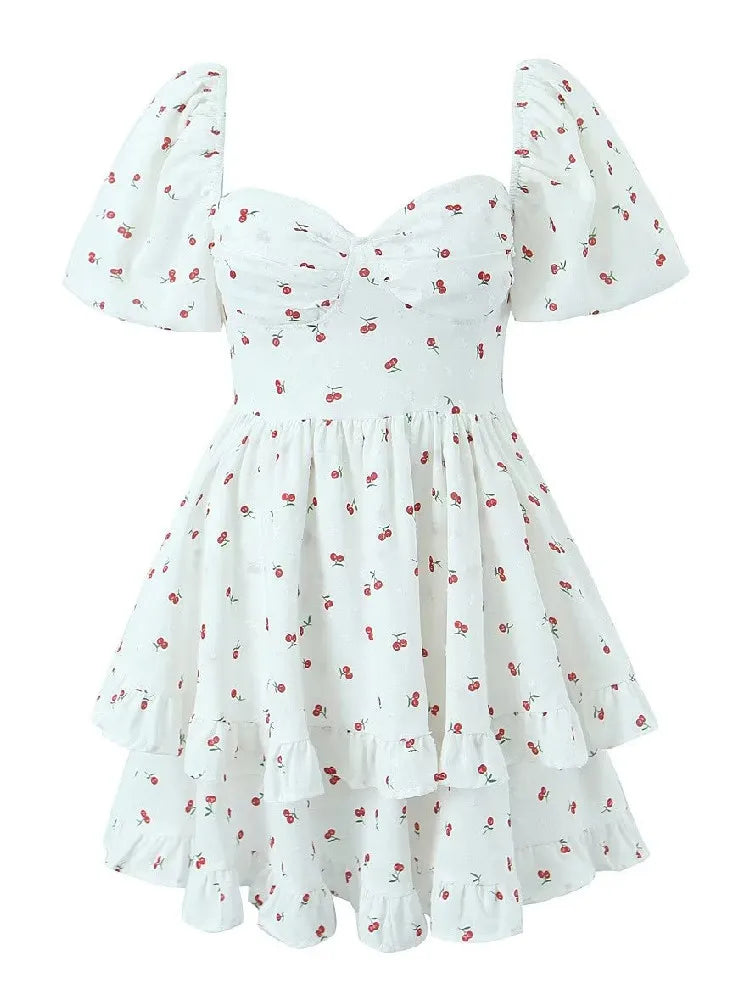 Voguable  Summer Sexy Corset Style Fruit Cherry Print Mini Dress White Retro Women Slim Waist Ruffles Hem Lantern Sleeve Cake Robe voguable