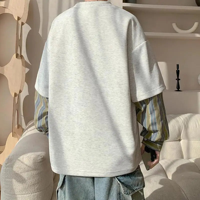 Voguable  plus Size Men's Striped Crew Neck Sweatshirt - M-XXXXXL Oversized Fit Fake Two-Piece Trendy Layered Look Long Sleeve Clothing voguable