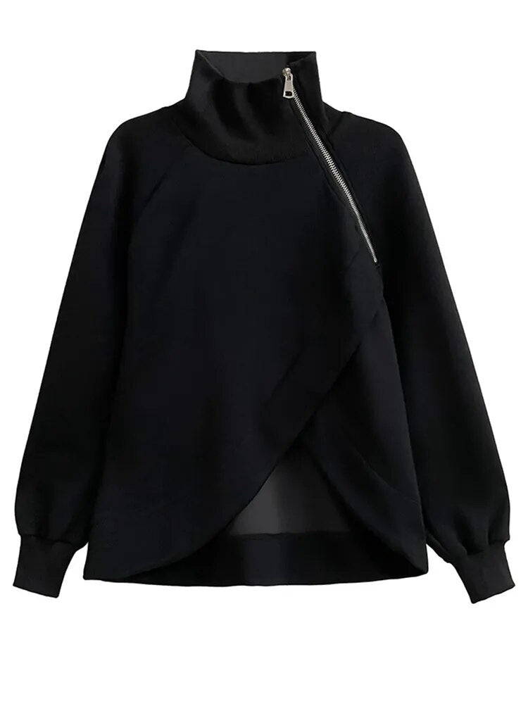 Loose Fit Black Zipper Irregular Sweatshirt New Turtleneck Long Sleeve Women Big Size Fashion Spring Autumn voguable