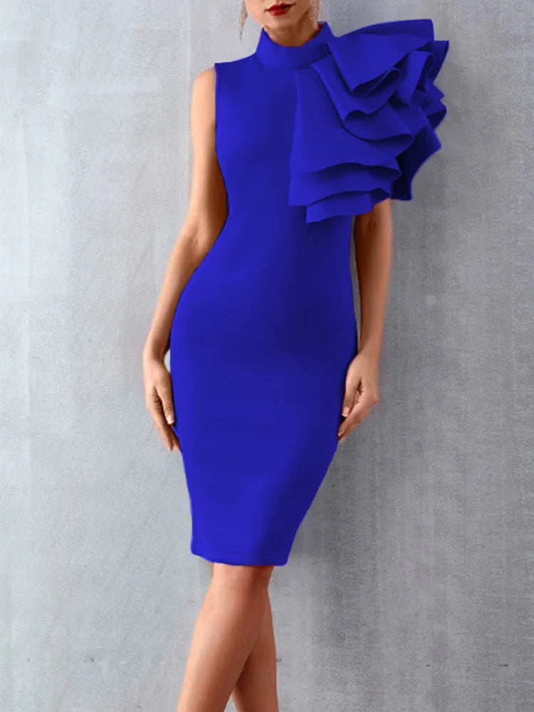 Voguable  Spring Summer Fashion Bodycon High Neck Sleeveless Dress Women's One Shoulder With Flower Ruffle Elegant Evening Party Dress voguable
