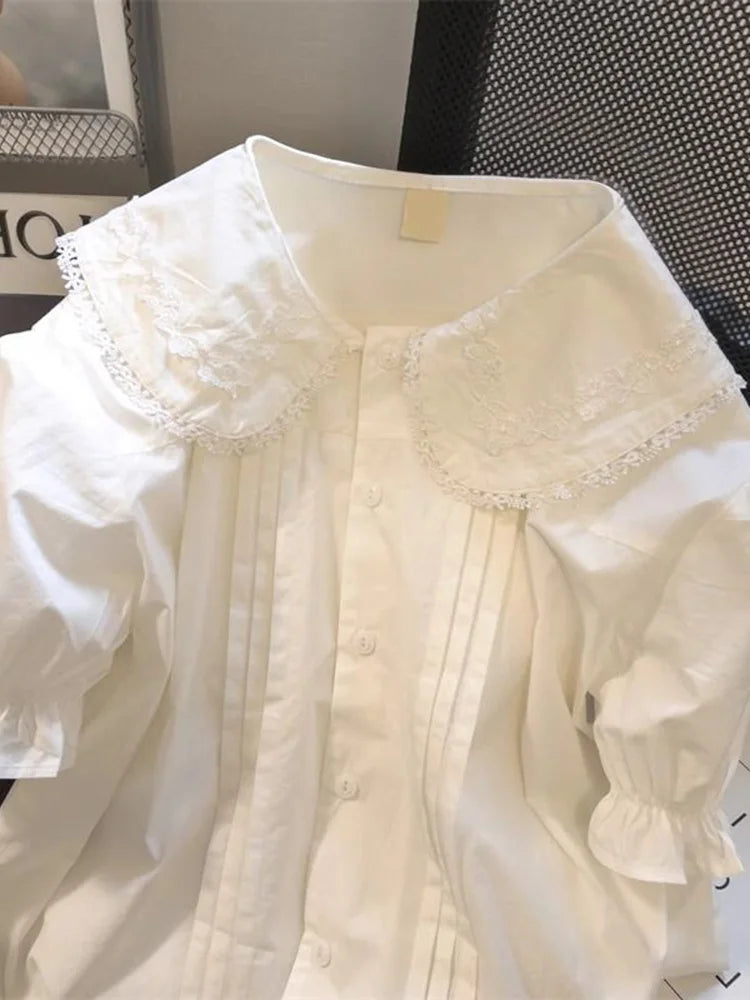 Cute Rabbit Ears White Shirt Women Casual Loose Short Sleeve Kawaii Blouse Vintage Peter Pan Collar Sweet Lady Japan Tops voguable