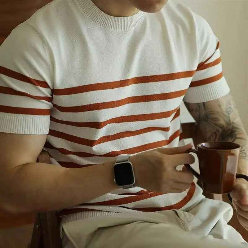 Summer Men's Clothing Light Luxury Knit O Neck Short-sleeved T Shirt Patchwork Korean Leisure Streetwear Retro Knitwear T-Shirt voguable