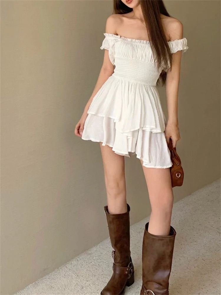 Voguable White Off Shoulder Short Sleeved Vest Dress for Women Summer Sweet Spicy Pleated Ruched Waist Boho Short Dresses Tank Dress voguable