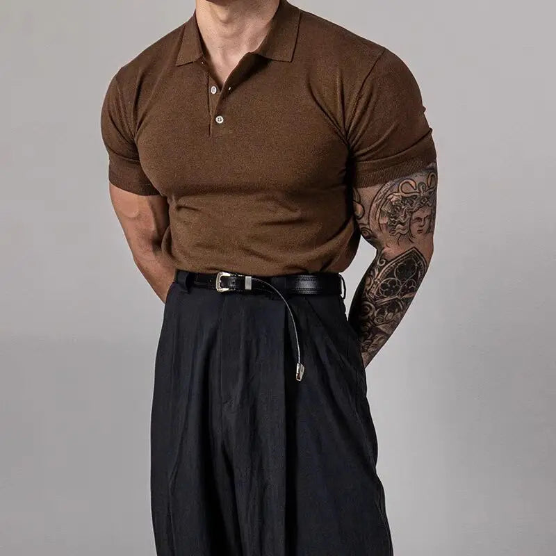 Voguable  American Style Hard Man  Color Ice Silk  Shirt Muscle Men Slim Short Sleeve Workwear T-Shirt Tight Sleeve Casual Gol... voguable