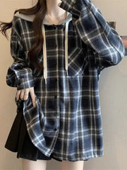 Vintage Plaid Hooded Shirt Women Oversize Long Sleeve Y2K Blouse American Casual Harajuku Female Vintage Spring Tops New voguable