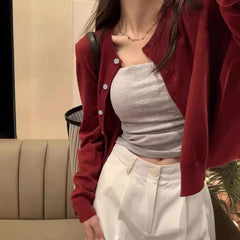 Red Cardigan Knit Early Autumn Women Clothes New Outdoor Crop Sweater Outerwear Long Sleeve Top Bottoming Shirt voguable