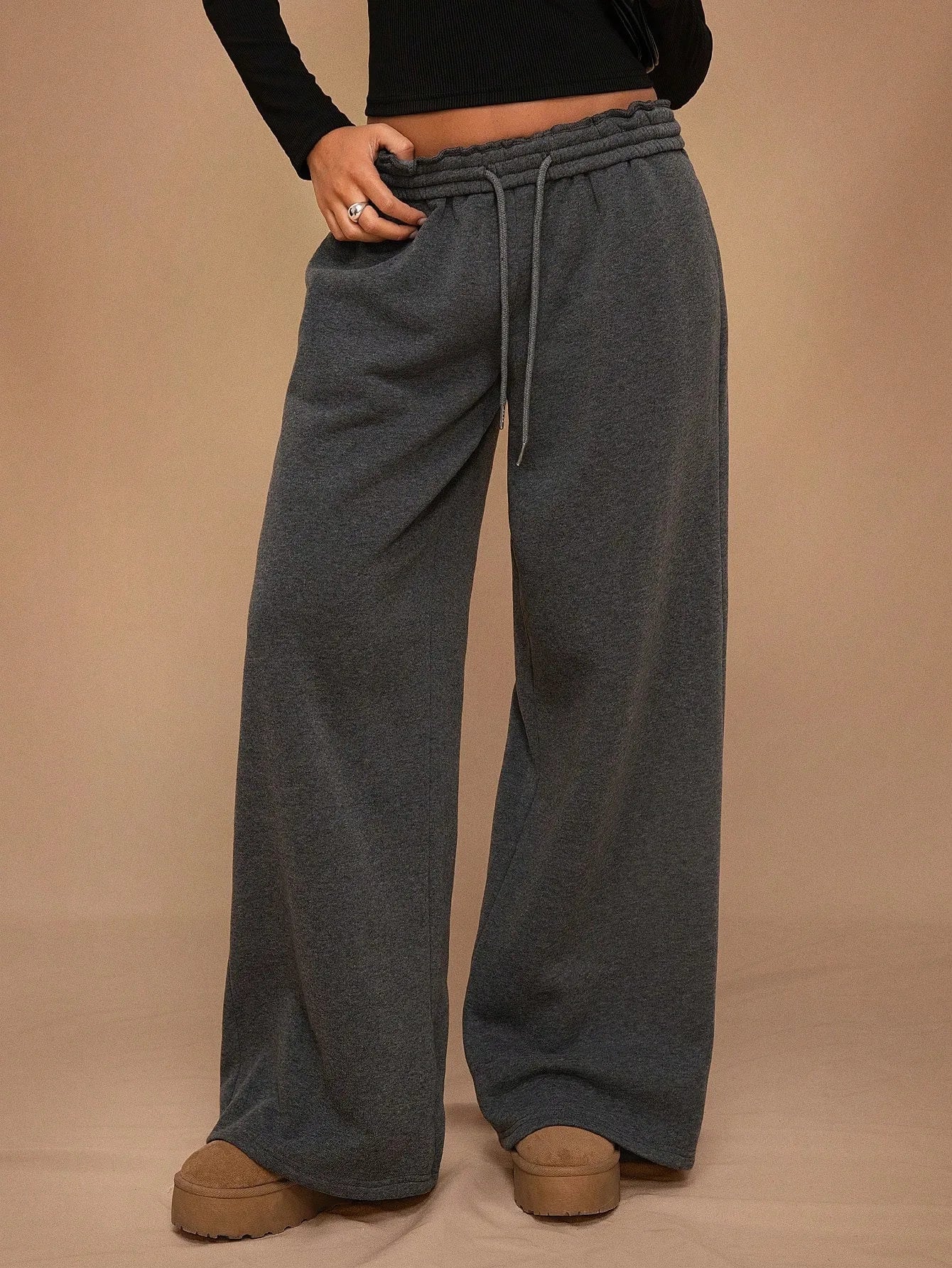 Voguable  High Waisted Drawstring Solid Color Loose Fit Women's Wide Leg Pant Autumn and Winter New Simple Straight Leg Pants Fashion voguable