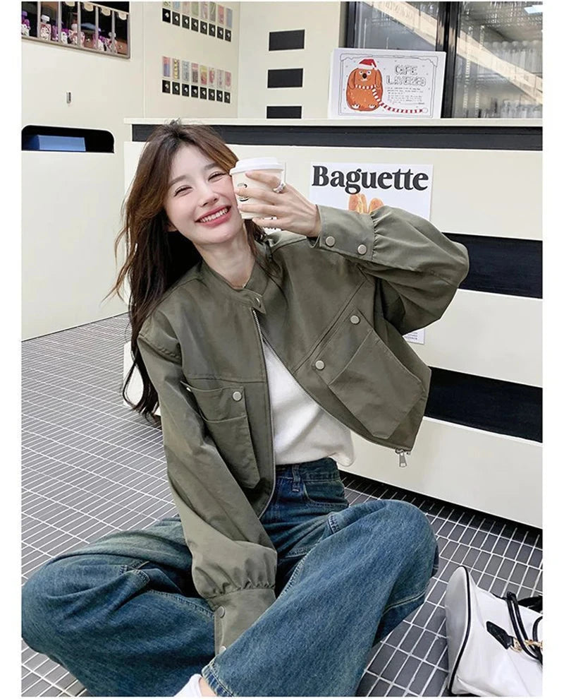 Streetwear Y2K Cropped Cargo Jacket Women Vintage Loose Pockets Harajuku Short Coat American Casual Fall O Neck Long Sleeve Tops voguable