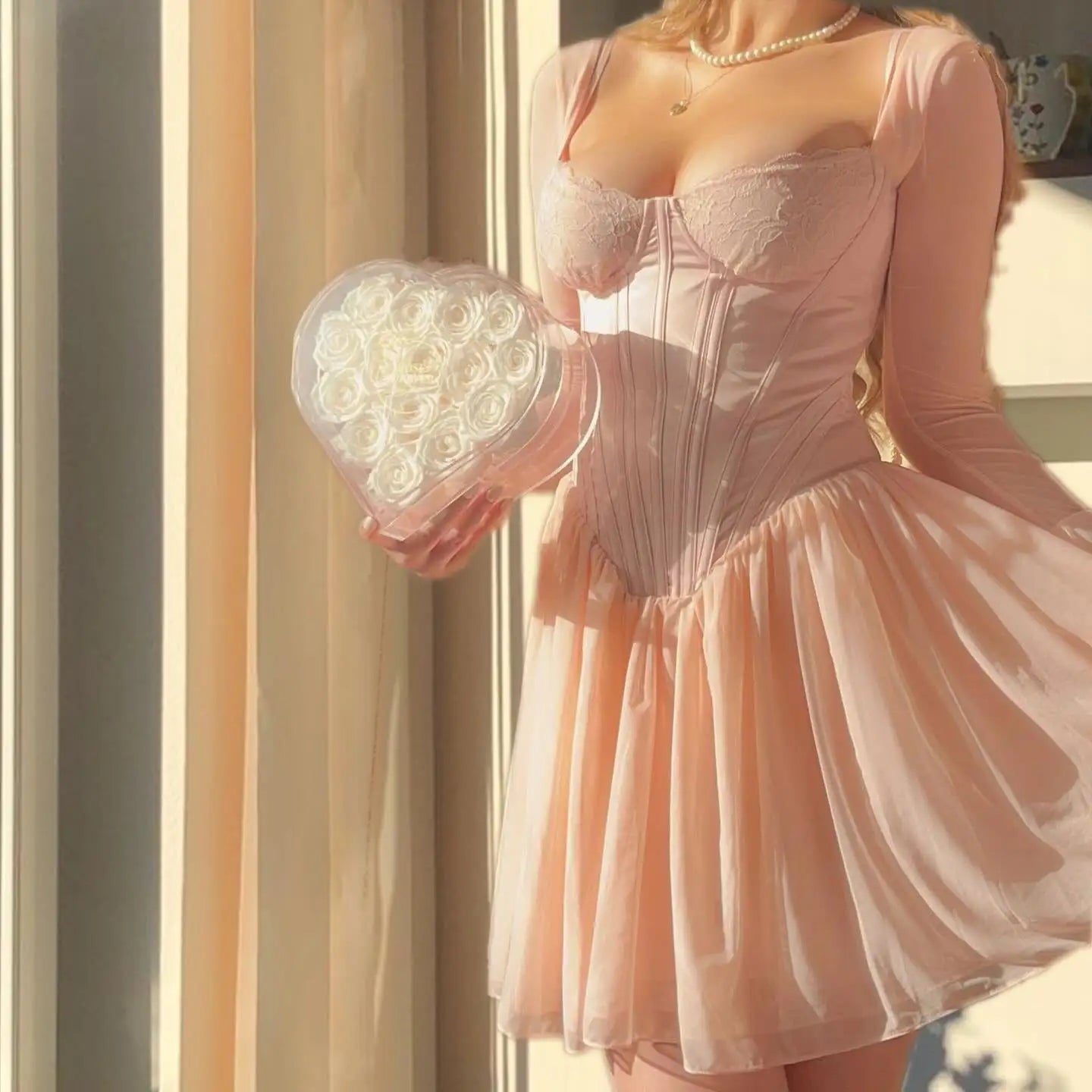 Autumn Mesh Pink Long Sleeve Dress A Line Bodycon Birthday Party Dress Mini Holiday Vacation Dress Women 2023 High Quality voguable