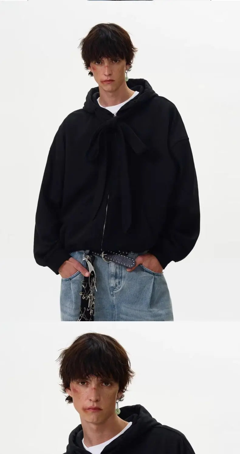 American solid strap design hooded sweatshirt cardigan men's autumn winter new coat couple tops loose versatile jacket voguable