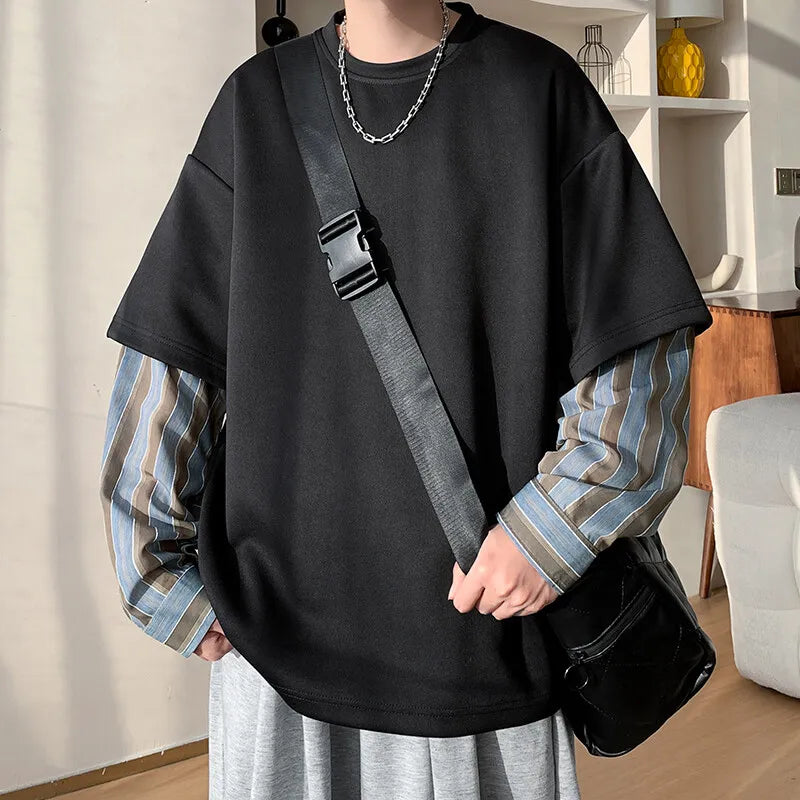Voguable  plus Size Men's Striped Crew Neck Sweatshirt - M-XXXXXL Oversized Fit Fake Two-Piece Trendy Layered Look Long Sleeve Clothing voguable