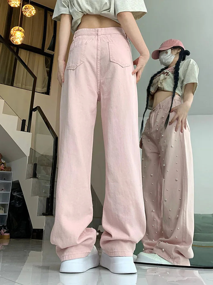 Sweet Pearl Pink Jeans Women High Waist Loose Vintage Design Denim Pants Casual Preppy Style Retro Cute Elegant Trousers voguable