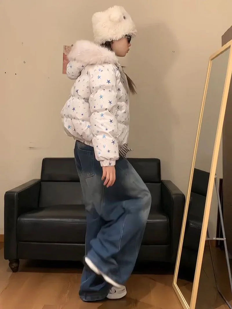 Women Winter Stars Sweet Parkas Fashion Hooded Warm Cute Puffy Coat Japan Long Sleeve Loose Female Preppy Style Chic Jacket New voguable