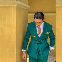 Voguable New Design Green Male Suits for Wedding With Belt 2 Pieces Double Breasted Formal Groom Travel Wear Jacket+Pants Costume Homme voguable