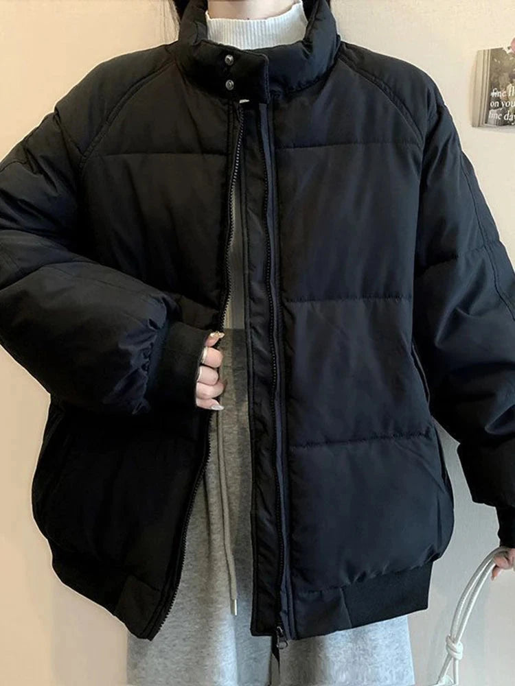 Preppy Style Sweet Pink Parkas Women Vintage Long Sleeve Winter Thick Warm Cotton Jacket Casual Stand Collar Loose Outwear voguable