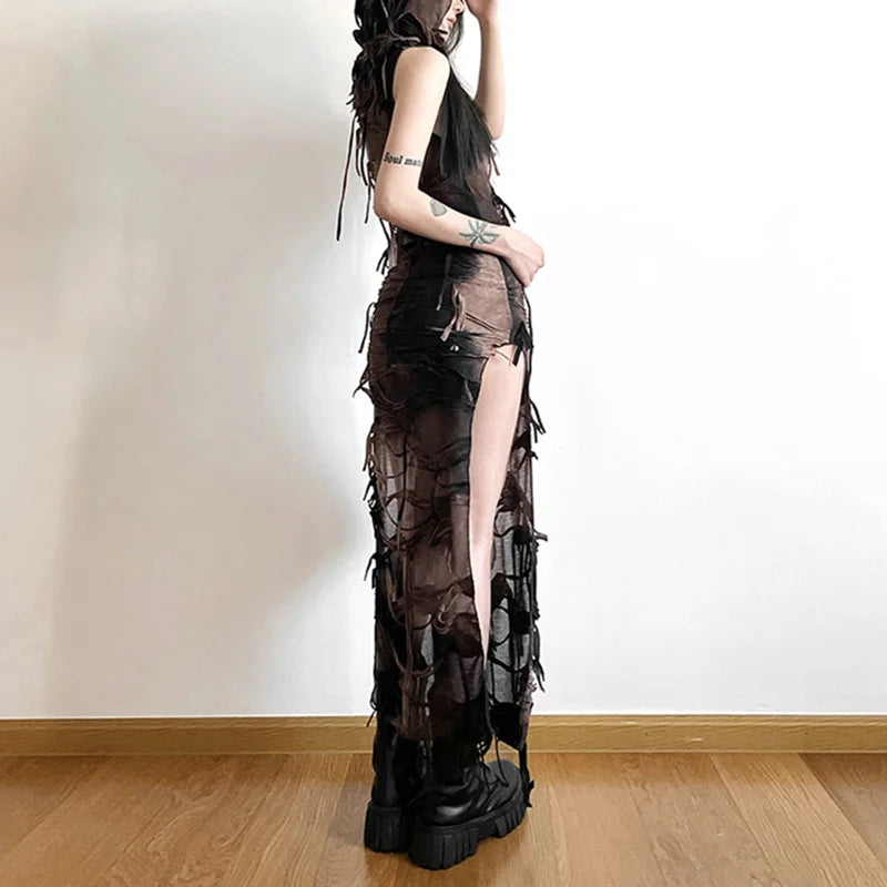 Grunge Dress y2k Women Clothes Tie Dye Print Sleeveless Side Split Hooded Dress Gothic Party Dresses Halloween Costume voguable