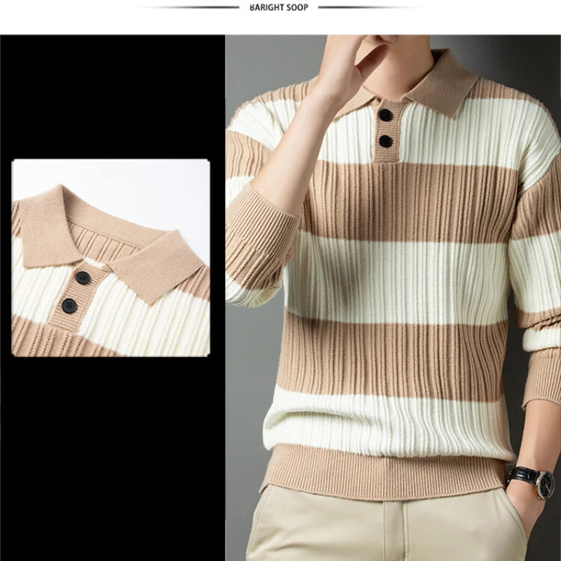 Voguable  Polo Shirt Luxury Men's Pullover Sweater Fashion Thick Warm Sweater Striped Casual T-shirt Men's Top Loose Knitwear voguable