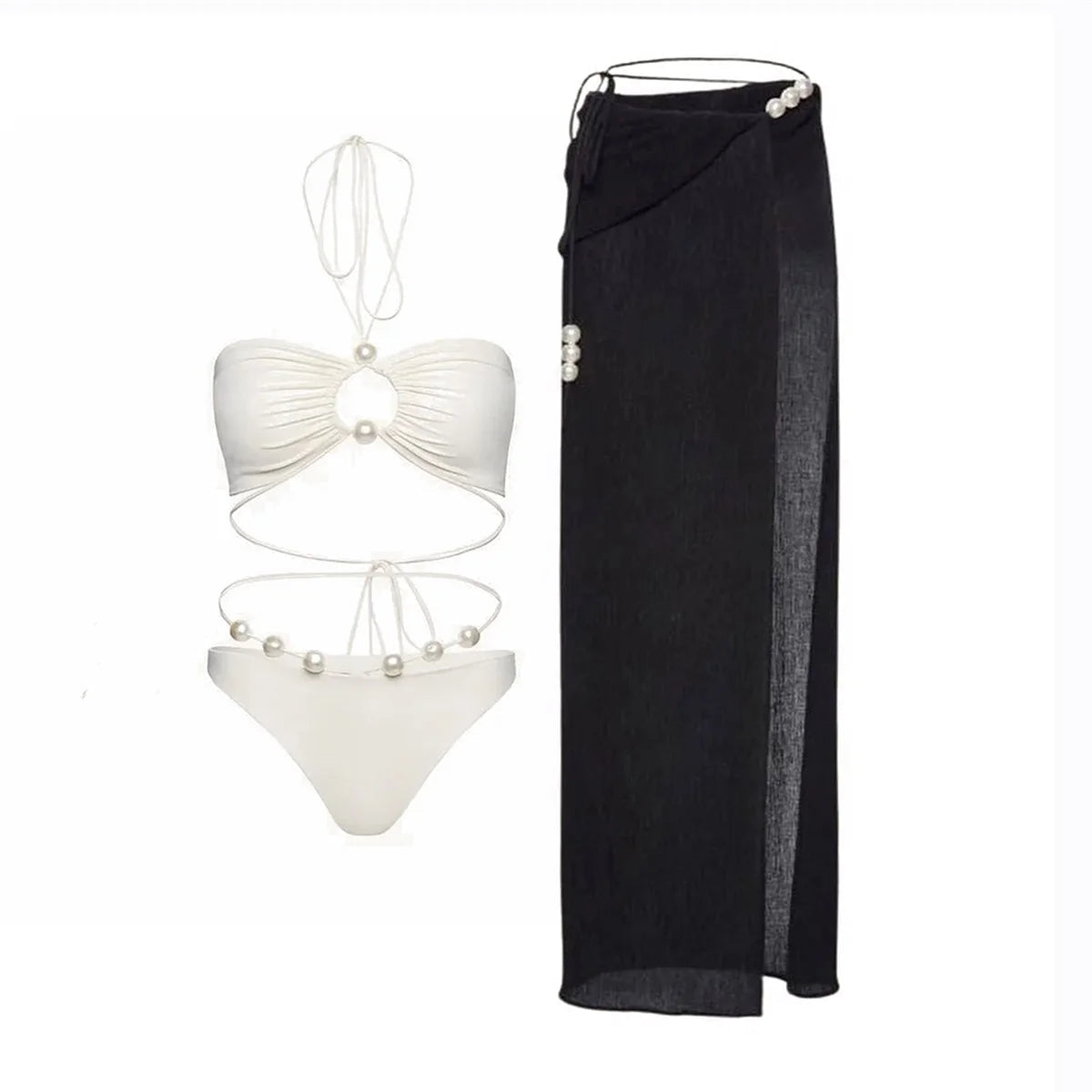 3Pcs Sexy Bikini Set With Cover Up Pearls White Swimsuit Women Halter Swimwear Female Off Shoulder Bathingsuit Biquini Beachwear voguable