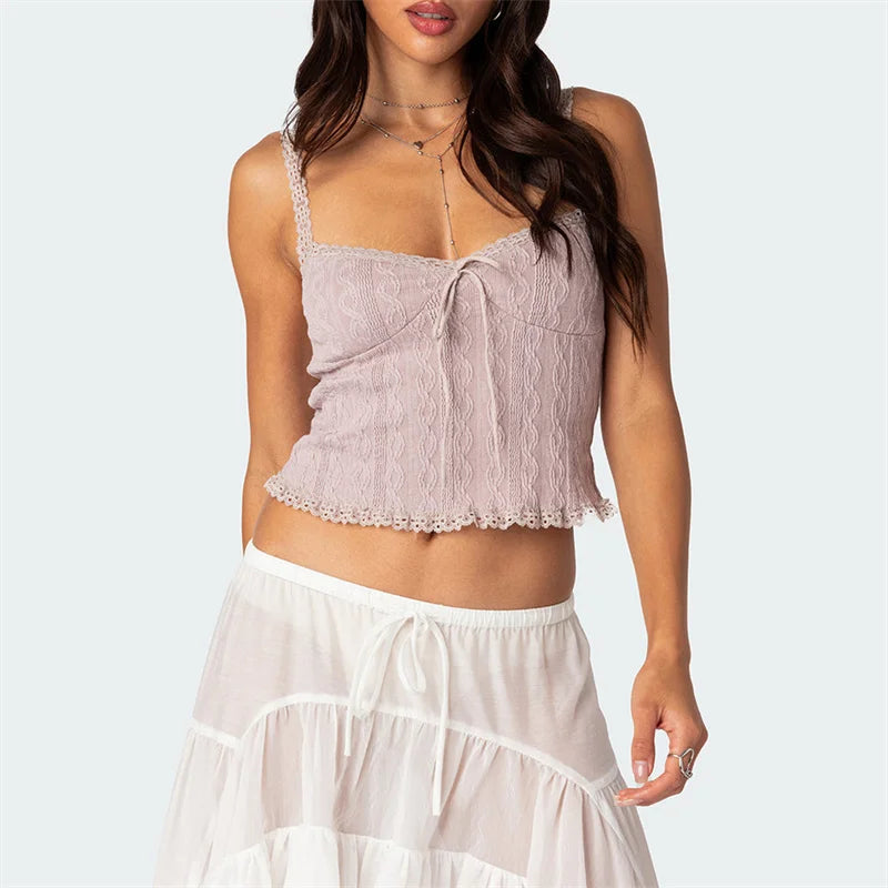 Lace Trim Tank Top Summer Women Solid Color Spaghetti Strap Sleeveless Camisole with Bow y2k Aesthetic Clothes Clubwear voguable