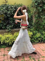 Embroidered Hollow Lace Spliced White Long Skirt 2025 Spring Summer New Elastic Waist Cotton A-line Vacation Beach Boho Skirt voguable