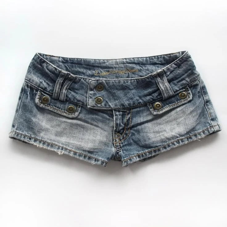 Voguable  Y2K Vintage Low Waist Denim Shorts Women Washed Frayed Hem Mini Hot Pants Multi Buttons Pocket Design Casual Jean Shorts voguable