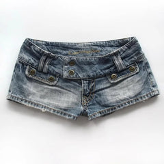 Voguable  Y2K Vintage Low Waist Denim Shorts Women Washed Frayed Hem Mini Hot Pants Multi Buttons Pocket Design Casual Jean Shorts voguable