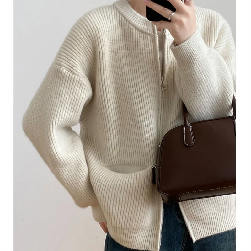 Sweater Cardigan Women Autumn Double Zipper Casual Korean Knitwear Coat Solid Color Loose Soft Long Sleeve Jackets Outerwear voguable