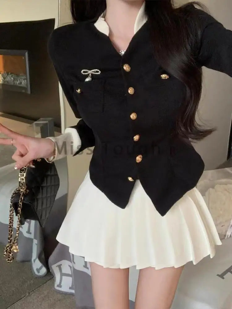 Autumn New Sexy Preppy Style 2 Piece Set Women French Rich Girl Top+High Waist  Pleated Skirt Female Fashion Wear Skirt Suit voguable