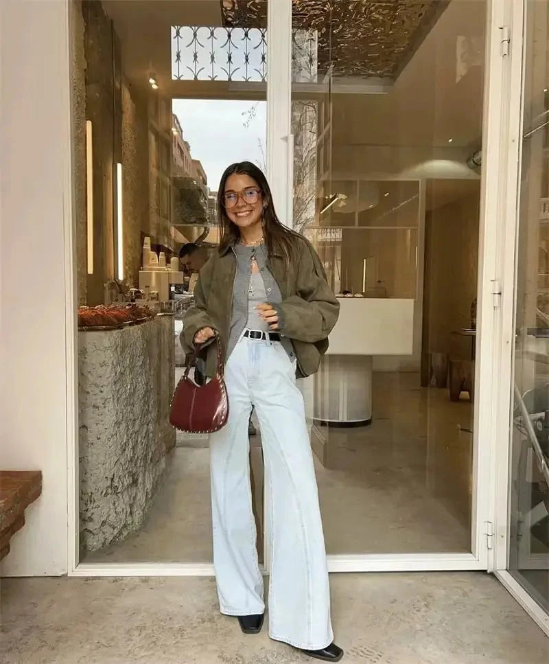 2025 New Fashion Women Green Suede Jacket Spring Lapel Long Sleeve Zipper Oversize Bomber Coat Chic Female High Street Outerwear voguable