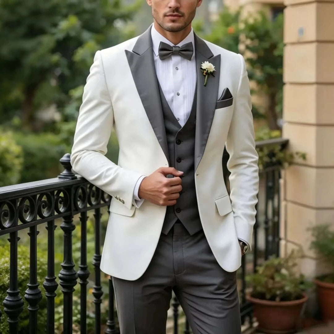 Voguable  Men Suit White 3 Pieces Single Button With Lapel For Wedding Birthday Banquet Party Business Work Office Jacket Vest Pant voguable