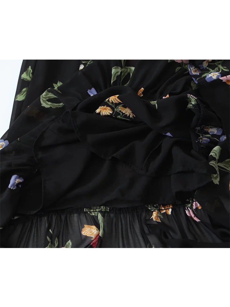 Voguable Summer Fashion Women French Style Floral Print Sling Chiffon Dress Vintage Black Female Midi Robe Prairie Chic voguable