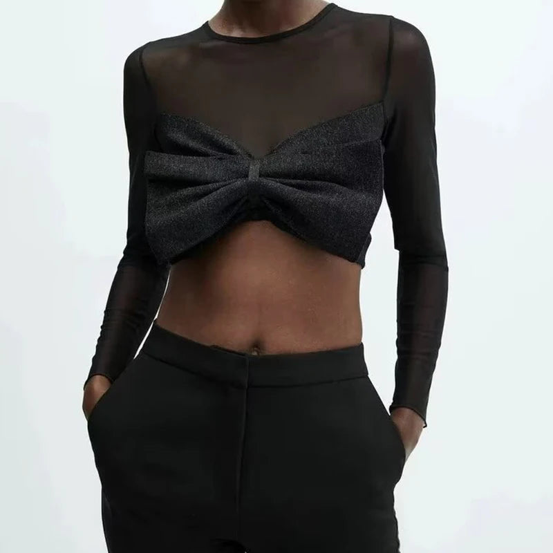 Voguable  Spring 2024 Women Sexy Semi-sheer Patchwork Mesh T Shirt Long Sleeve O Neck Black Tee Summer Crop Top voguable