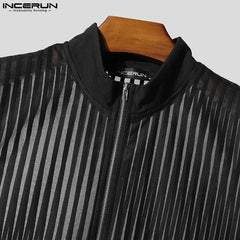Summer Men's Tank Tops Striped Mesh Transparent Zipper Sleeveless Male Vests Streetwear Sexy 2025 Fashion Men Clothing voguable