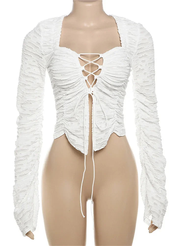 Autumn Fashion Ruffled T-shirt Cropped Top Female Hollow Out Lace-Up Patchwork Loose Outwear White Women Bandage Tee Coat voguable