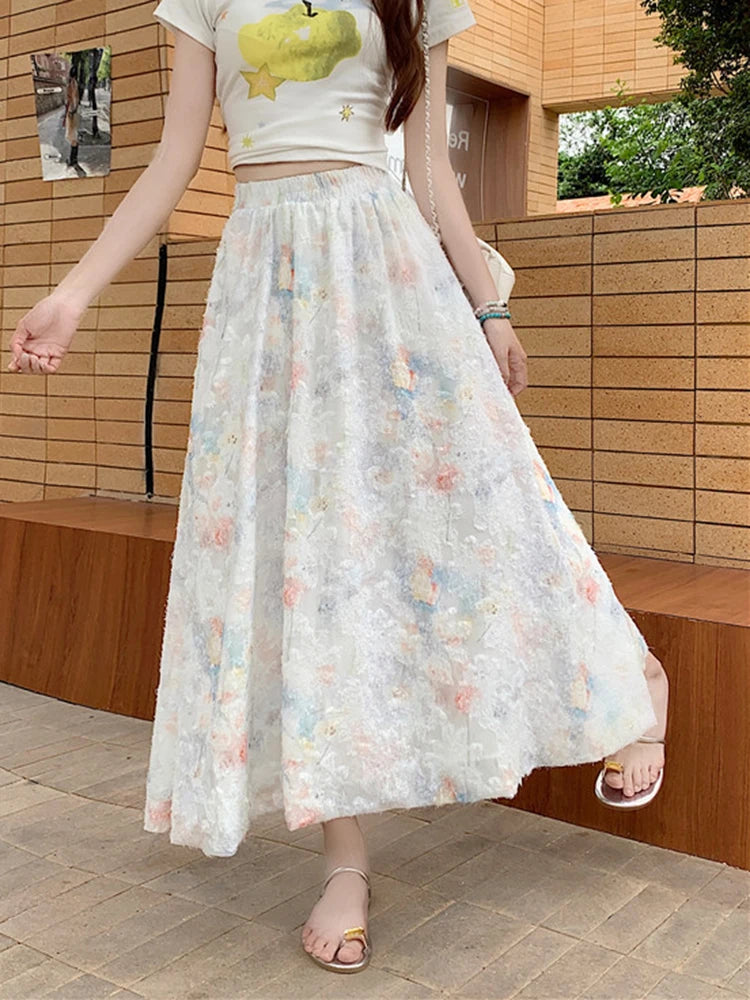 Women Floral Sweet Long Skirt Casual High Waist Elegant Loose Korean Skirts High Quality Lady Fashion Ball Gown Long Skirts voguable