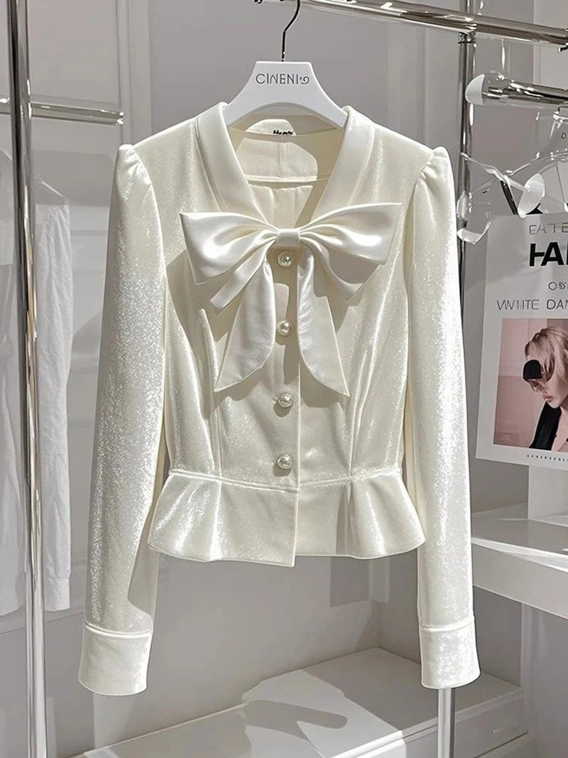 Chic Bow Velvet Elegant Shirt Women Slim Long Sleeve V Neck Fashion Blouse Korean Casual Fall Single Breasted Female Sweet Tops voguable