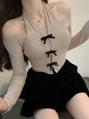 Voguable Coqutte Off The Shoulder Tops Fake 2pcs Hotsweet Solid Color Collar Halter Kpop Slim T Shirt Long Sleeve Basic Shirts. voguable