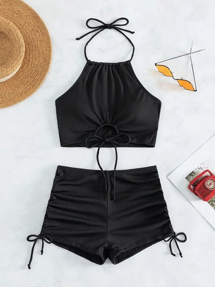 Voguable  Sexy High Waist Laced Up Bikini 2 Piece Set Women Split Swimsuit Beach Bikini New All Season Solid Backless Bikini Set voguable