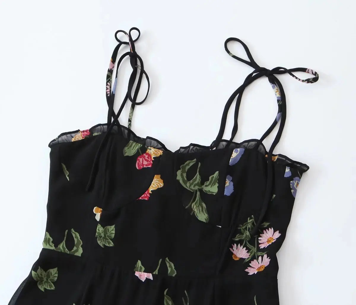 Voguable Summer Fashion Women French Style Floral Print Sling Chiffon Dress Vintage Black Female Midi Robe Prairie Chic voguable