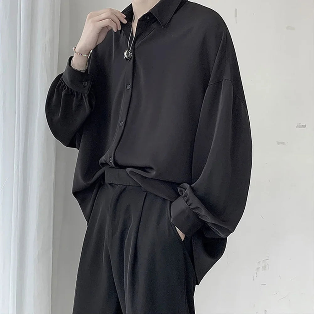 Korean Style Men's Long-sleeved Shirts Black Tie Cozy Casual Solid Oversize Blouses Breathable Loose Shirt Harajuku Male Clothes voguable