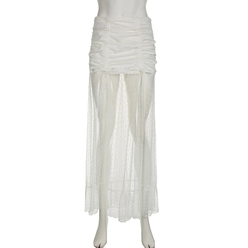 Voguable Sexy Pleated Drawstring  See Through Mesh Patchwork Long Skirt White Fairycore Aesthetic Ruffle-line Maxi Skirts Korean voguable