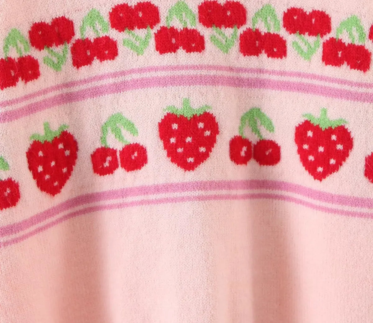 Voguable  New Fashion Women Sweet Pink Strawberry Cherry Thin Knit Sweater O Neck Long Sleeve Female Crop Pullover Autumn Tops voguable