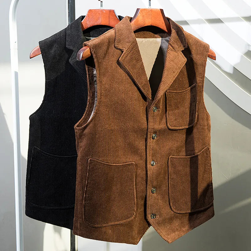 Men's Vest Coffee Black Corduroy Tweed Tailored Collar Retro Tooling Waistcoat Single Breasted 3 Pockets Vintage Wedding Vest voguable